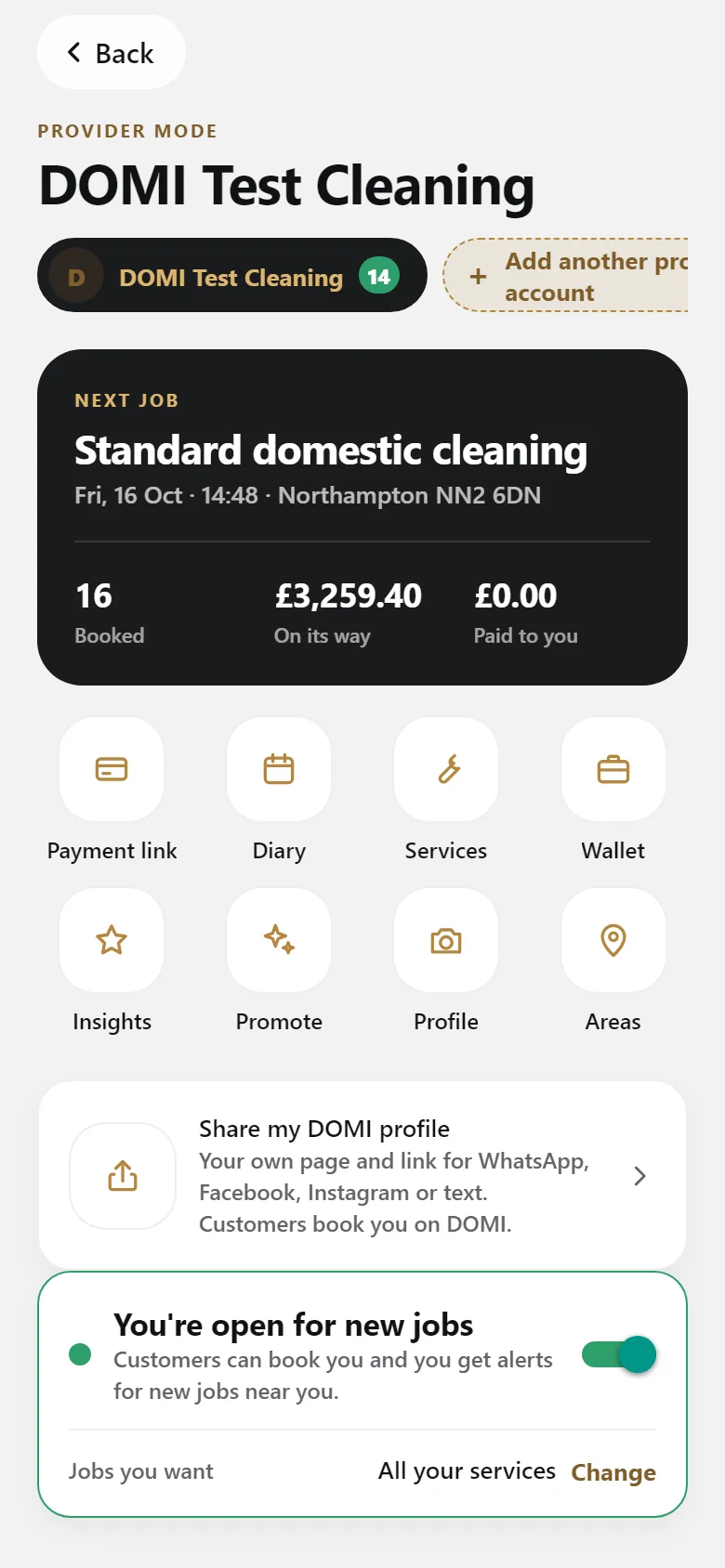 The provider dashboard in DOMI