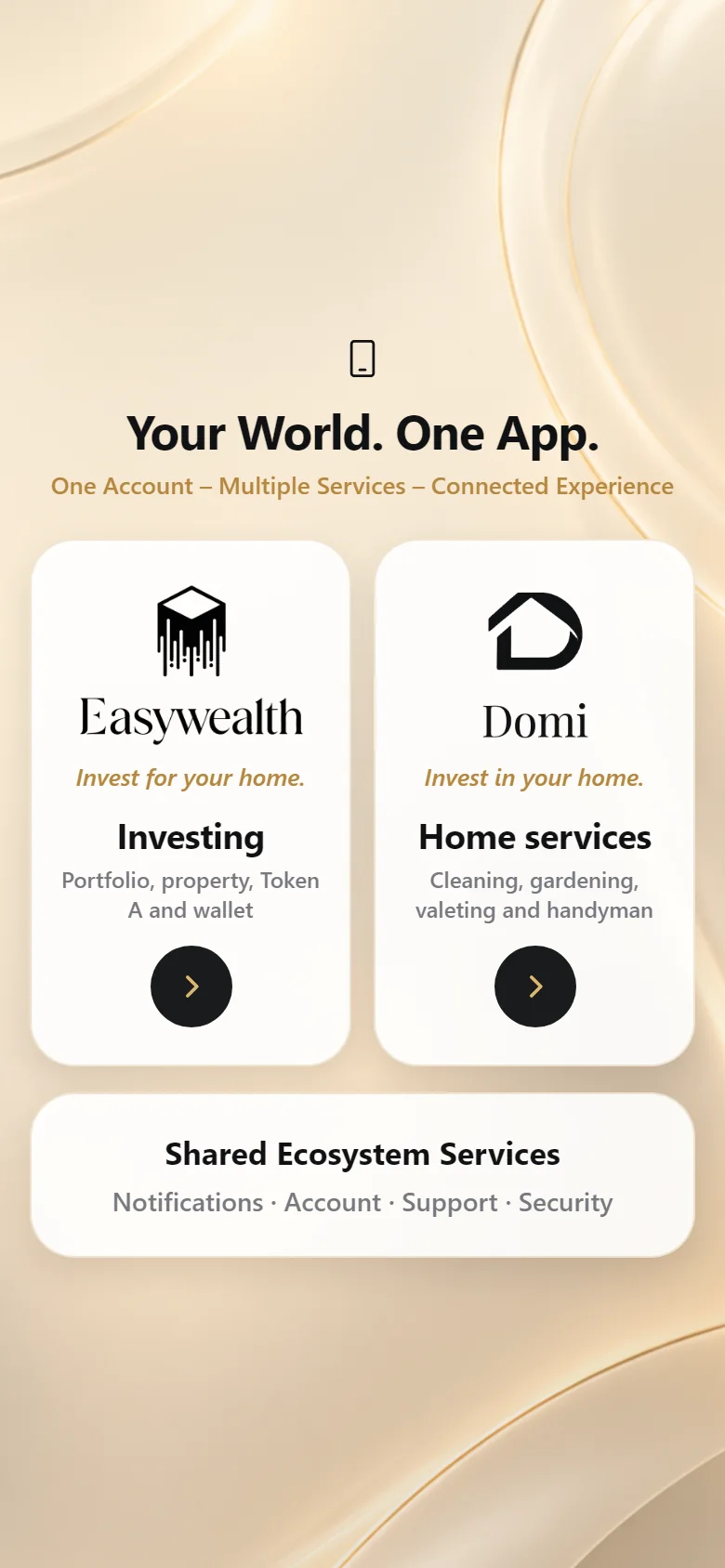 The Easywealth app's home screen, showing its services